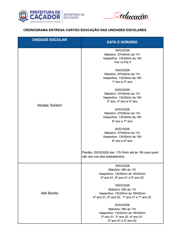 image CRONOGRAMA DE ENTREGA DO CARTÃO EDUCAÇÃO %image